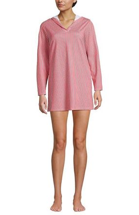 Lands End Cotton Jersey Long Sleeve Hooded Swim Cover-up Dress in Wood Lily Mini Stripe at Nordstrom, Size X-Large