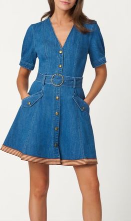 Shoshanna Classic Wash Denim with Trim Payton Dress at Nordstrom, Size 12