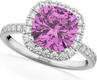 Allurez Cushion Cut Halo Lab Pink Sapphire & Lab Diamond Engagement Ring 14k in 3.11Ct/white Gold at Nordstrom, Size 5.5