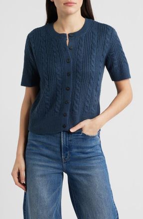 Lucky Brand Short Sleeve Cable Cardigan in Midnight Navy at Nordstrom, Size Xx-Large
