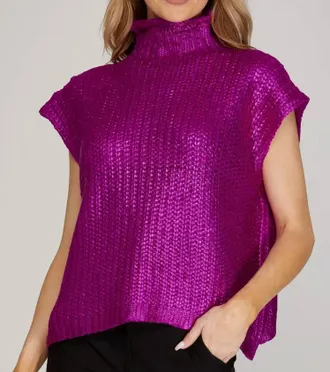 She + Sky Metallic Foil Sweater Top In Fuchsia