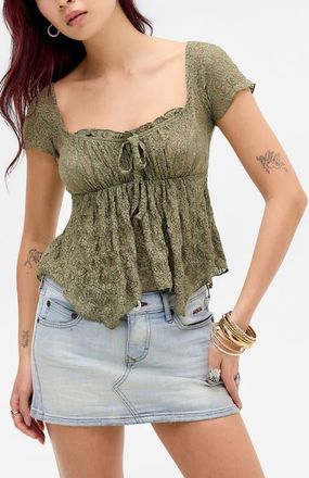 BDG Piper Asymmetric Hem Stretch Lace Top in Khaki at Nordstrom, Size X-Small