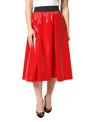 Dolce & Gabbana Glossy Red Polyester High Waist Midi Womens Skirt