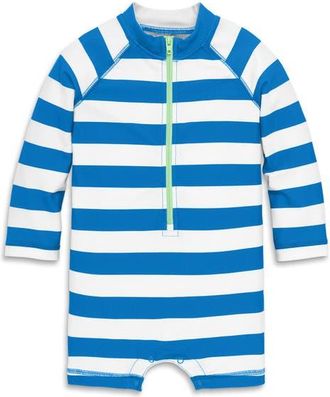primary One-Piece Rashguard Swimsuit in Blueberry/White Stripe at Nordstrom, Size 18-24M