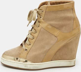 Jimmy Choo London Beige Suede And Patent Leather Panama Wedge Sneakers