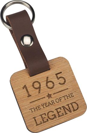 Dust and Things Engraved Wooden Keyring - 1965 Year of the Legend Design - 60th Birthday Gifts for Men Him - Wood and Leather Square Keyring