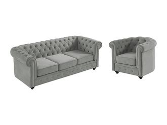 Vente-Unique Sof&aacute; 3 plazas y sill&oacute;n de terciopelo CHESTERFIELD - Gris plata