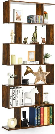 Costway Costway - Libreria In Legno Scaffale Multifunzionale A 6 Ripiani Per Piante E Libri Per Ufficio Casa Ripiano A Forma Di S, 80 X 23 X 192 Cm (caff&egrave;)