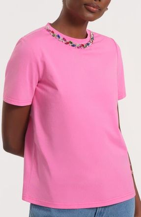Isaac Mizrahi New York Necklace Embellished Stretch Cotton T-Shirt in Light Pink at Nordstrom, Size X-Small