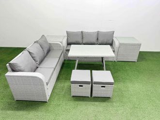 Fimous Rattan High Back Lounge Sofa Set with 3 Seater Sofa 2 Side Table Stool in Light Grey