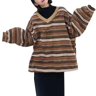 Generic Women Vintage Striped Sweaters Preppy Style Crewneck Long Sleeve Oversized Pullover Tops Downtown Girl Aesthetic Clothes 2025