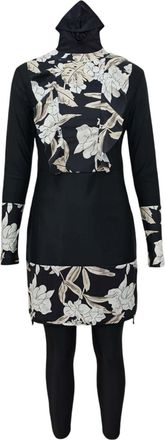 Generic Women Muslim Swimwear 3pcs Floral Modest Swimming Costume Islamic Arabic Burkini Swimsuit Long Sleeve Swim Top with Pants Hijab Full Cover Bathing Sui