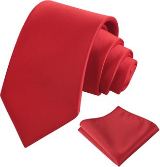 Alizeal Mens 8cm Solid Color Necktie and Hanky Classic Business Formal Tie with Pocket Square Set, True Red