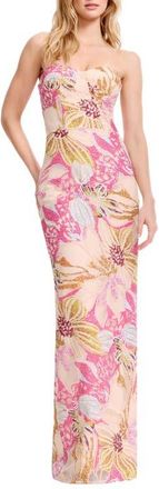 Dress The Population Vada Sequin Floral Strapless Gown in Bright Fuchsia Multi at Nordstrom, Size Xx-Large