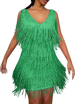 Generic 20s Dress Womens Gatsby 1920s Dresses Fringe Dress Green Gold Flapper Dress Short Charleston Costume Sequin Dress V Neck Fancy Dress Fringe Carnival, 