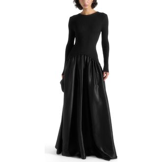 Mani&egrave;re De Voir Adeline Knit & Satin Curved Hem Maxi Dress in Black at Nordstrom, Size 12