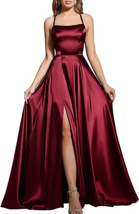 MisShow Womens Spaghetti Straps Prom Dresses with Slit Satin Bridesmaid Dress Long Evening Formal Party Gown, Burgundy, M