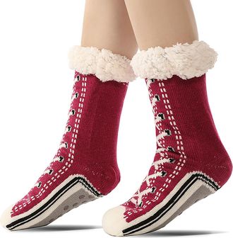 Generic Winter Socks for Women Thermal Anti Slip Socks for Women, Slippers Socks for Women Womens Christmas Socks (Burgundy)