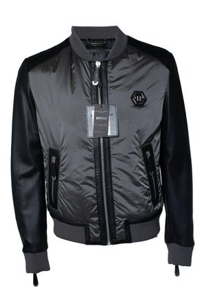 Philipp Plein Philipp plein, Grey nylon and leather bomber jacket