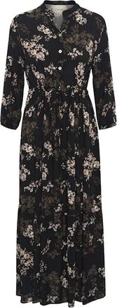 Cream Herfstbloemen Lange Jurk met V-Hals - Dames - Casual kleedjes - Zwart - S/M - Kleedjes