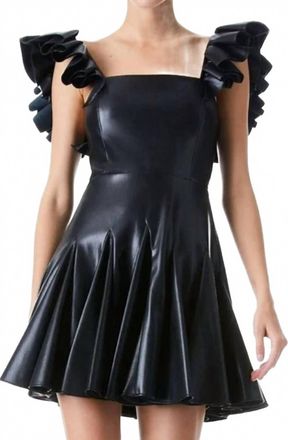 Alice & Olivia Ginny Ruffle Sleeve Vegan Leather Mini Dress In Black