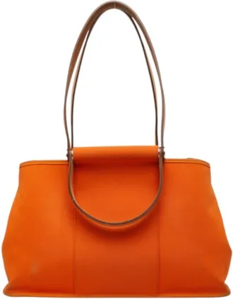 Herm&egrave;s Orange Toile Officier Leather Handbag Tote Bag (Pre-Owned)