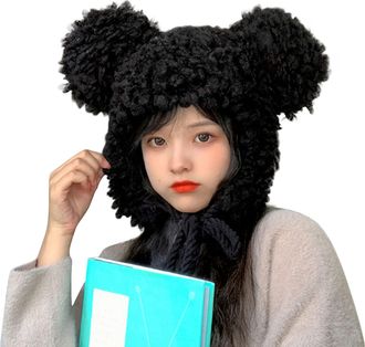 Generic Women Cute Earflaps Winter Hooded Hat Fluffy Bear Bobble Beanie Cap Winter Thermal Trapper Hat Snow Ski Hat with Ear Flaps Windproof Earmuff Hooded Ca