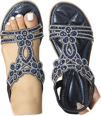 Generic Rhinestone Sandals for Women,Womens Sandals Wide Width Comfort Non Slip Casual Summer Flat Sandal 2026 Bohemian Strap Sparkling Jeweled Adjustable Sli