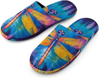Generic Dragonfly Tie-Dye Mens Slippers Flannel Warm House Shoes with Rubber Anti-Slip Sole Slip On for Home Outdoor