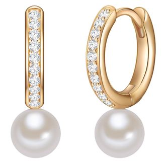 Valero Pearls Womens Hoop earring sterling silver yellow gold freshwater cultured pearl white zirconia - One Size