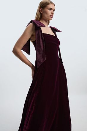 Karen Millen Womens Petite Velvet Bardot Woven Prom Midaxi Dress With Taffeta Bow - Wine - Size 10 UK