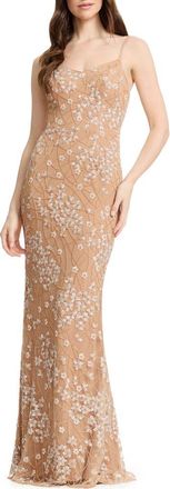 Dress The Population Giovanna Beaded Floral Sheath Gown in Champagne Multi at Nordstrom, Size Xx-Large
