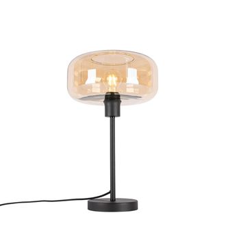 QAZQA Art D&eacute;co L&aacute;mpara De Mesa Art Deco Negra Con Cristal &Aacute;mbar - Bizle Vidrio /acero Redonda Adecuado Para Led Max. 1 X 25 Watt - Qazqa