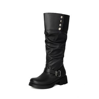 Generic Womens Pull on Slouch Long Boots Round Toe Knee High Boots with Buckle Block Heel Platform Boot,Black,3.5 UK