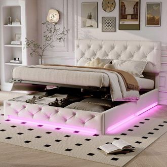 OEM Estructura De Cama Con Arc&oacute;n 160x200 Cm Blanco - Led, Hidr&aacute;ulica, Cabecera Ajustable, Somier De Lamas, Capacidad 300 Kg