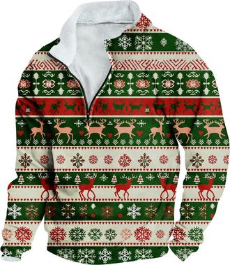 Generic Christmas Jumper Sweatshirts for Men UK Xmas Printed Pullover Tops Fleece Lined Jumpers Shirt Half Zip Blouse Oversized Mock Neck Long Sleeve Sweatshi
