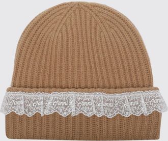 Ganni Berretto beanie in misto lana e yak con risvolto e ricamo