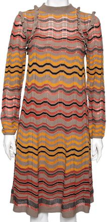 M Missoni Multicolor Wave Perforated Pattern Knit Ruffle Detailed Midi Dress