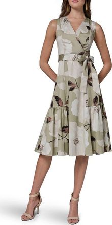 DKNY Floral Print Faux Wrap Midi Dress in Agave Mult at Nordstrom, Size 10