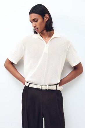 H&M Regular Fit Hole-knit Polo Shirt in Cream at Nordstrom, Size Xx-Large
