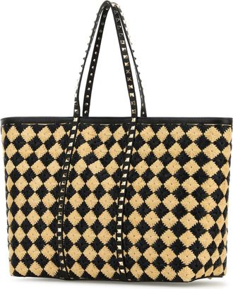 Valentino Garavani Womens Embroidered Raffia Rockstud Shopping Bag Naturalenero Borse A Mano