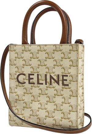 Celine Brown White Coated Canvas Leather Shoulder Bag Tote Bag (Pre-Owned)