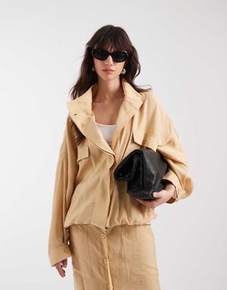 Asos Camicia giacca multitasche a palloncino in misto modal beige con collo a imbuto-Verde
