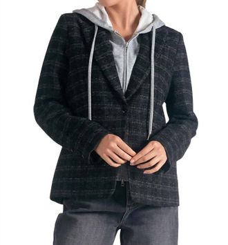 Elan Eliza Metallic Plaid Blazer With Hoodie In Black Silver Plaid