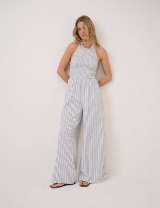 Nobody's Child Blue Pinstripe Halter Neck Tizzy Jumpsuit