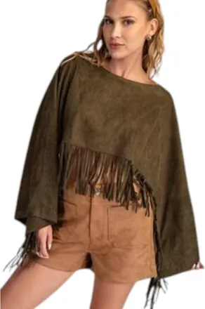 Glam Prairie Wind Faux Suede Fringe Cape In Olive