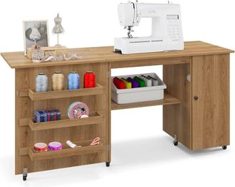 Costway Large Foldable Sewing Table Rolling Drop Leaf Craft Table with Lockable Casters