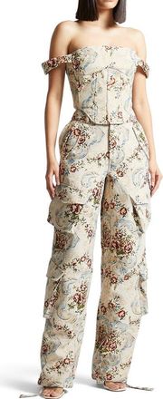 Mani&egrave;re De Voir Bonnie Floral Jacquard Bardot Corset Top in Beige at Nordstrom, Size 4