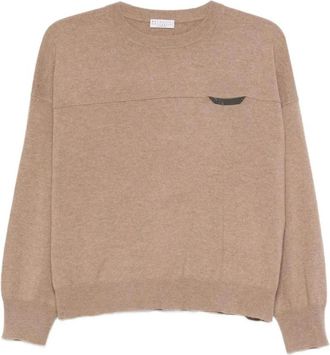 Brunello Cucinelli Cashmere Blend Trui met Ronde Hals en Versiering - Dames - Cashmere truien - Bruin - L - Truien & Vesten