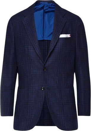 Kiton Handgemaakte Jas van Kasjmiermix met Ruitpatroon - Heren - Blazers - Blauw - L - Kasjmier - Jassen